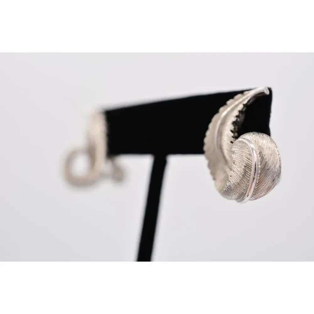 Monet Vintage Leaf Clip On Earrings Feather Brushed Silver Signed 1970s BinAZ